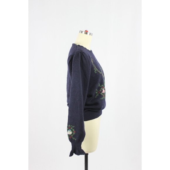Vintage 90's HERMAN GEIST Navy Blue Knit Hand Embroidered Floral Sweater, Size S - Picture 2 of 12